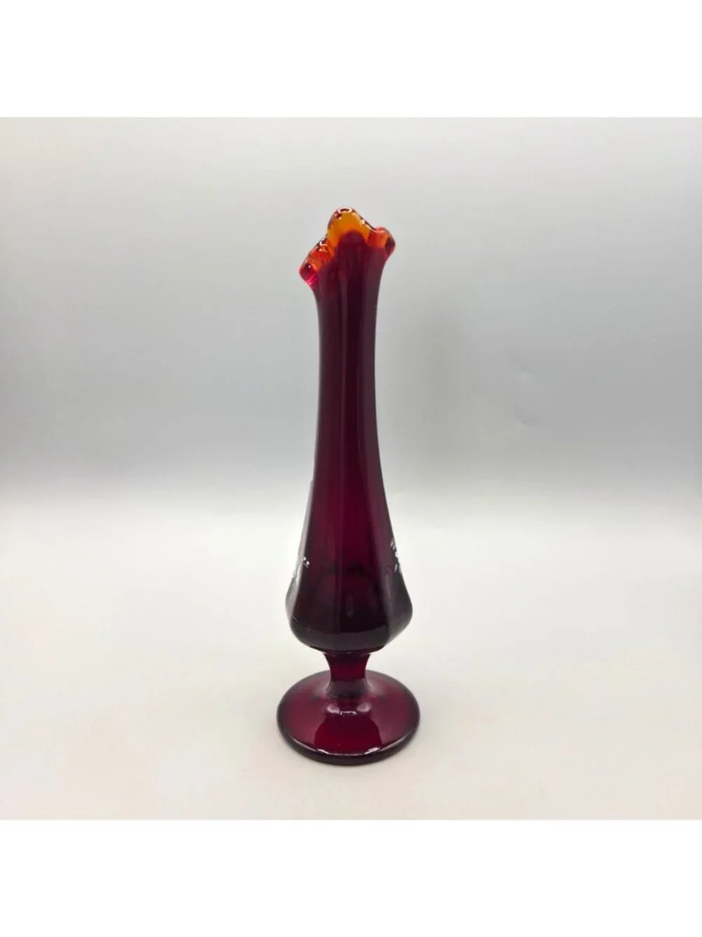 Fenton Ruby Red Swung Bud Vase Vesper Roses Hand Painted Signed E Thomas UV 8
